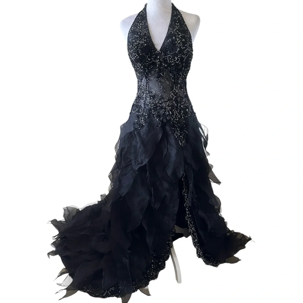 STEPHEN YEARICK Black 100% Silk Beaded Halter Gown Dress Size 6 Couture Pageant - Picture 3 of 17